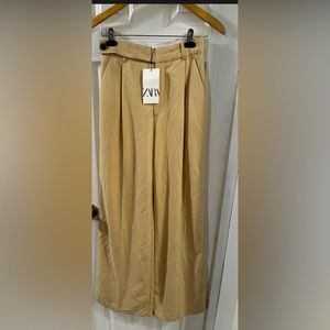 Zara Wide Leg Women’s Trousers High Waisted Pleated Pants Tan Size XS